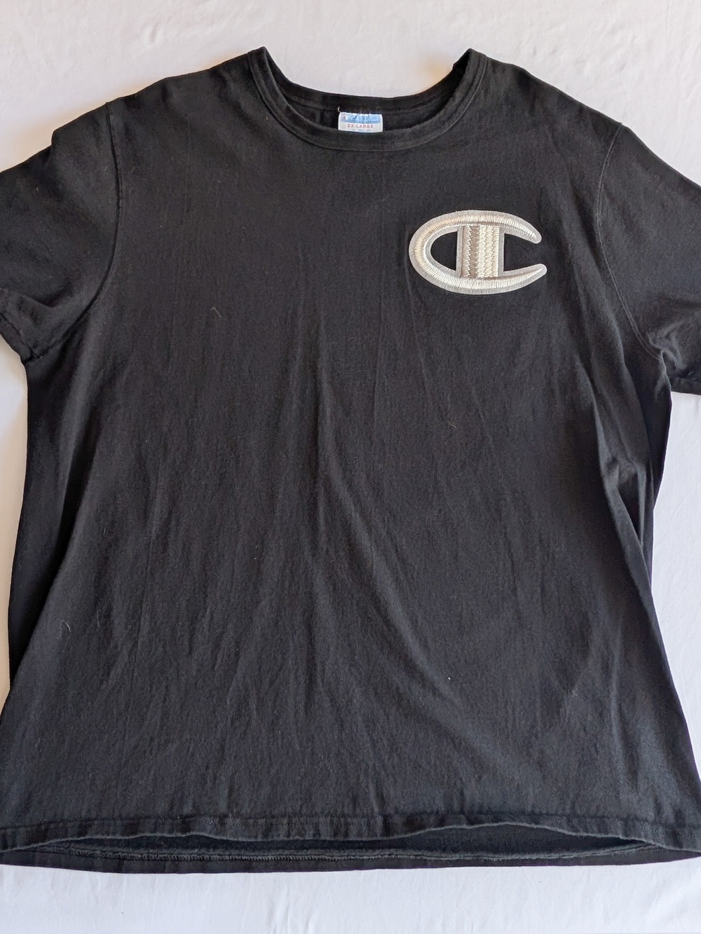 Vintage Champion Black Embroidered Big C Logo Mens Classic Crew Neck T Shirt 2XL